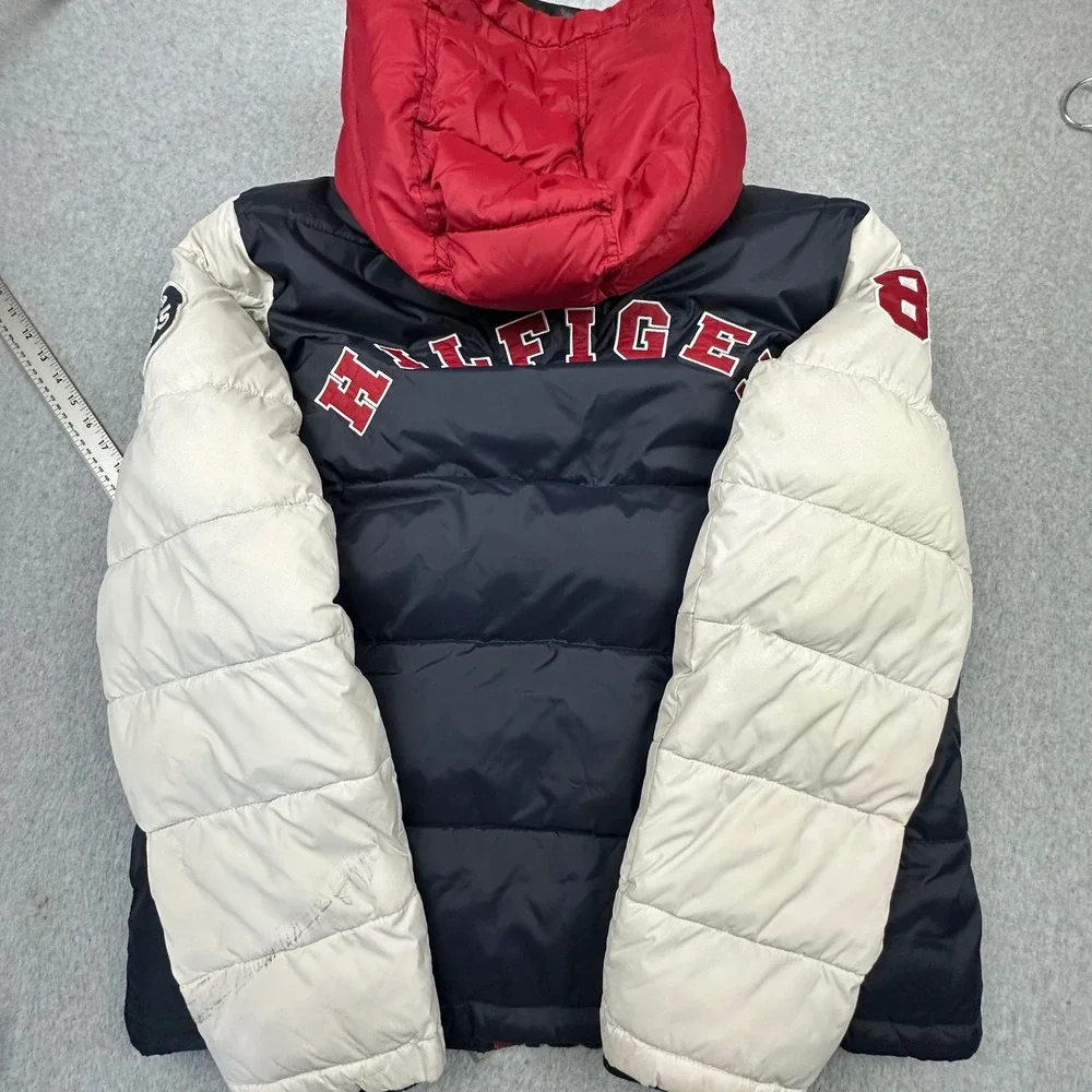 Tommy Hilfiger Mens XL Puffer Jacket Varsity Colorblock Navy White Red Hooded